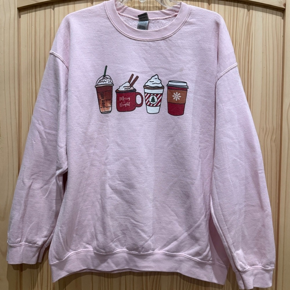 Gildan Pink Merry & Bright Christmas Coffee Holiday Sweatshirt Large